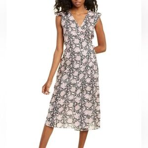 Lilla P Floral Wrap Midi Dress Sz XS Gray Floral Print Ruffle Sleeve $178